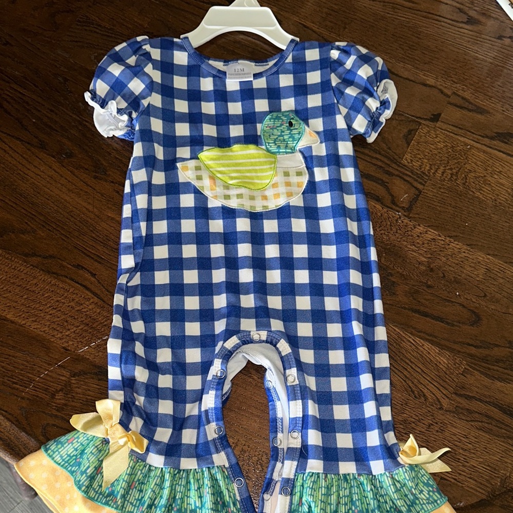 Charming Blue Checkered Bodysuit with Duck Appliqué